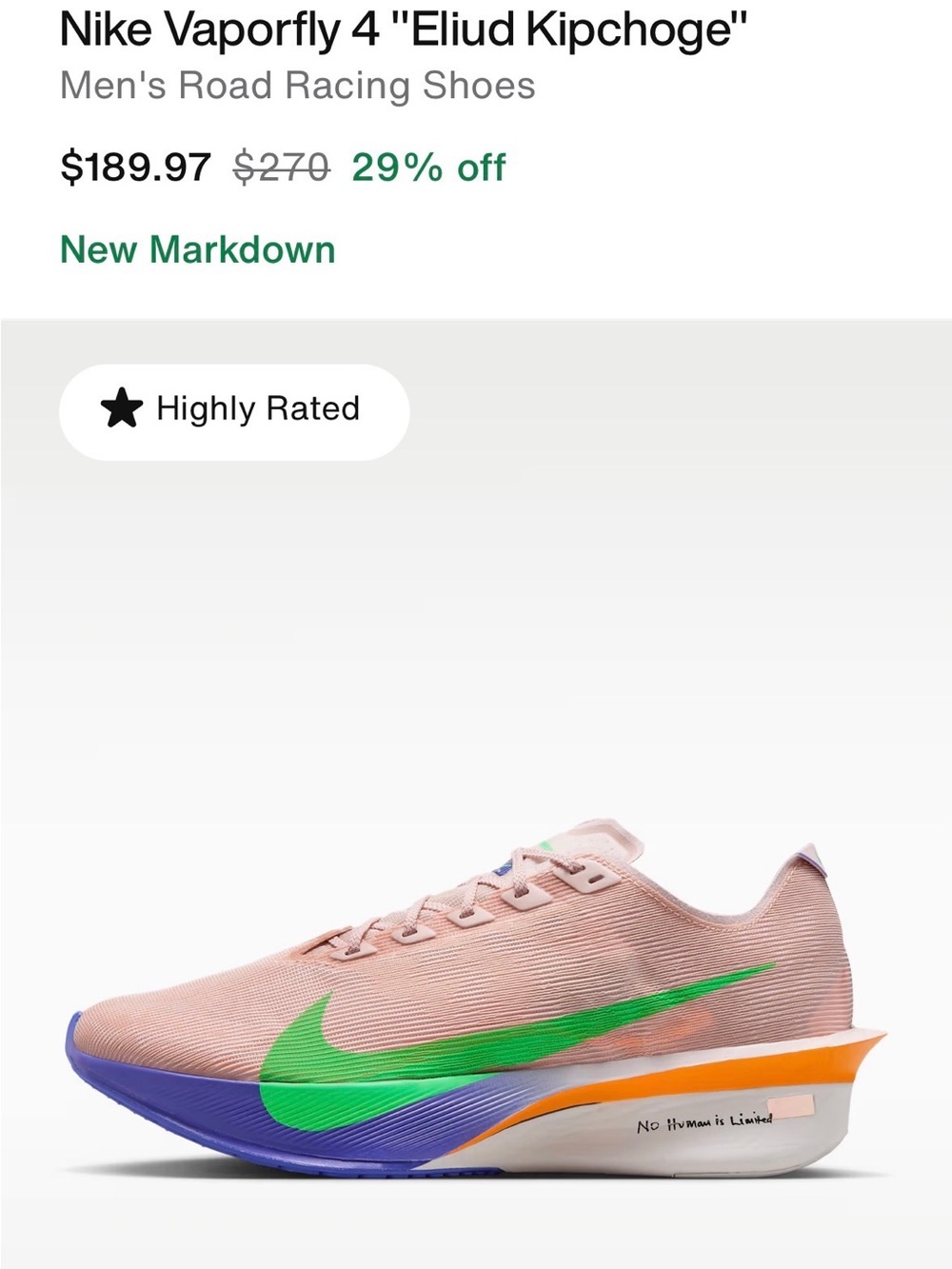 Nike Vaporfly 4 Racing Shoe - Pink with Green Swoosh and Purple/Orange Accents